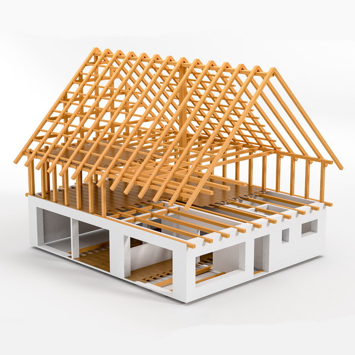 3D-Modell in CAD Gebäude mit Wänden, Fenstern, Türen und Dachgebälk in 3D