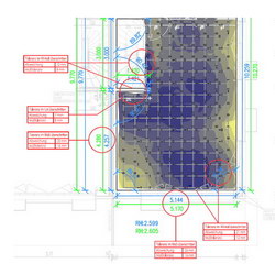 Grundriss mit Angabe der Toleranzabweichungen Grundrissplan mit Angabe von Toleranz-Abweichungen in roter Farbe