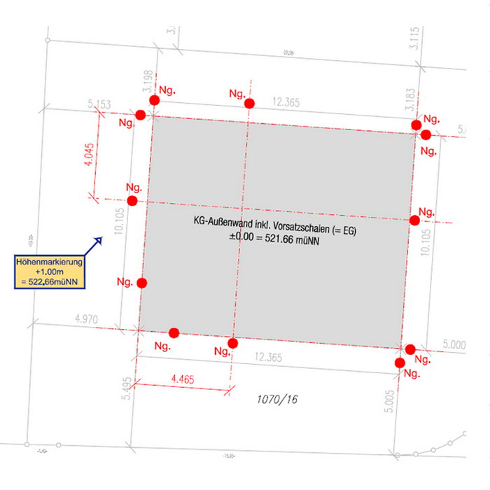 Absteckplan einer Achsabsteckung Absteckplan von einer Baustelle mit Angabe der eingemessenen Punkte