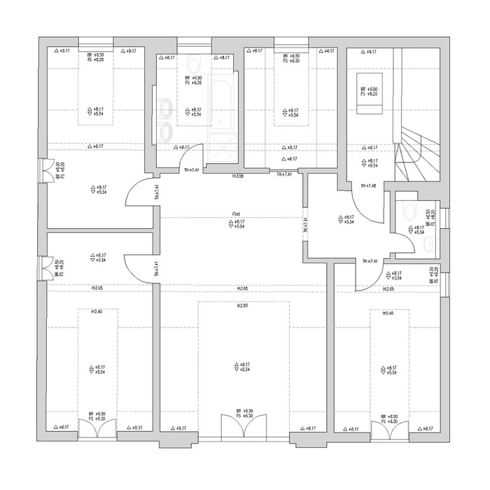 Grundriss Dachgeschoss Grundrissplan mit Wänden, Fenstern, Türen und Höhekoten